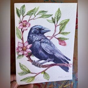 Original raven painting magnolia tree art bird watercolor wall decor Artettina
